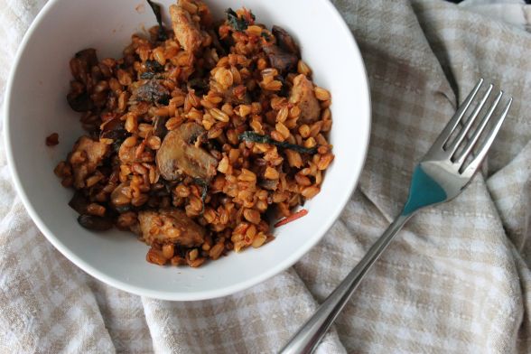 Farro with Sausage, Mushrooms & Chard