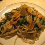 Spaghetti with Swiss Chard & Garlic Chips
